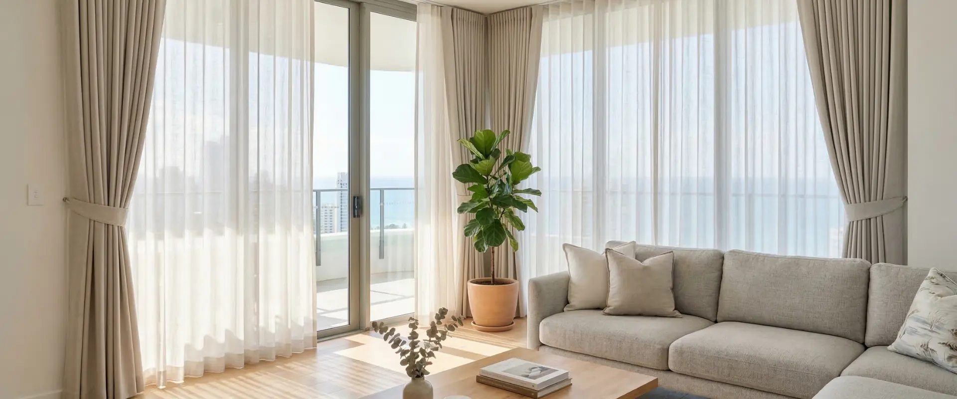 Freshly cleaned sheer and blockout curtains in a sunlit living room