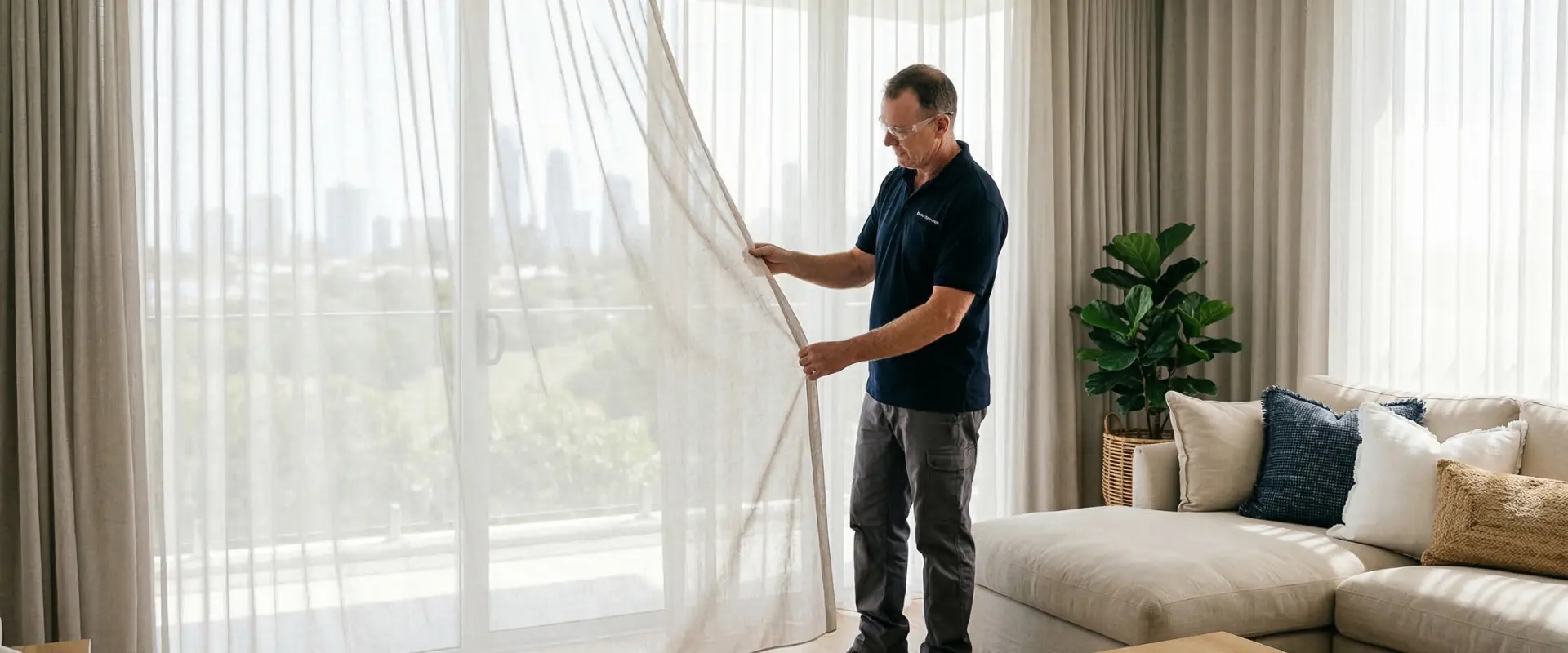 Cleaning technician checking a sheer curtain panel beside a sliding door