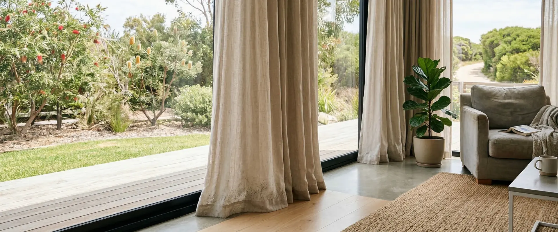 Mould spotting along the hem of a linen curtain beside a sliding door
