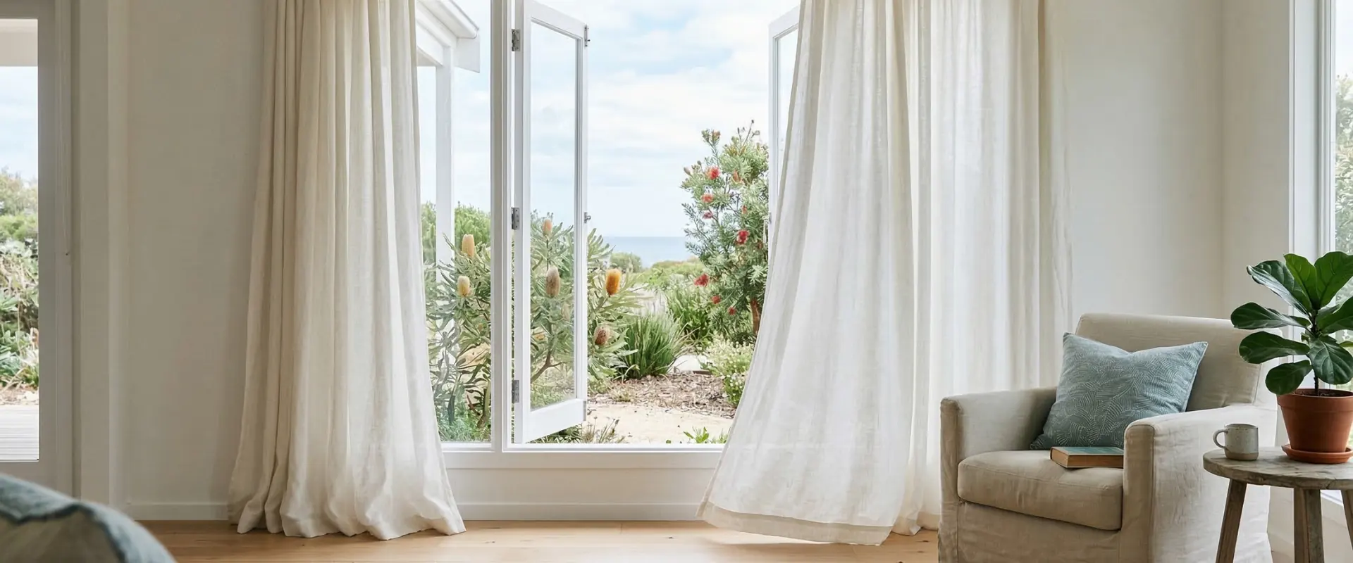 Clean white curtains beside an open window with air moving through the room