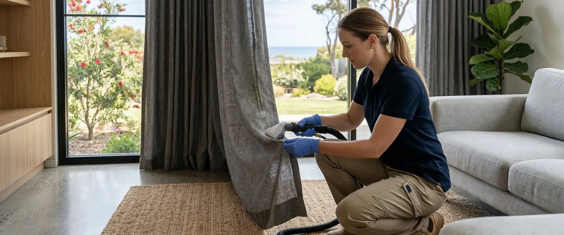 Technician treating a mould affected curtain with hot water extraction