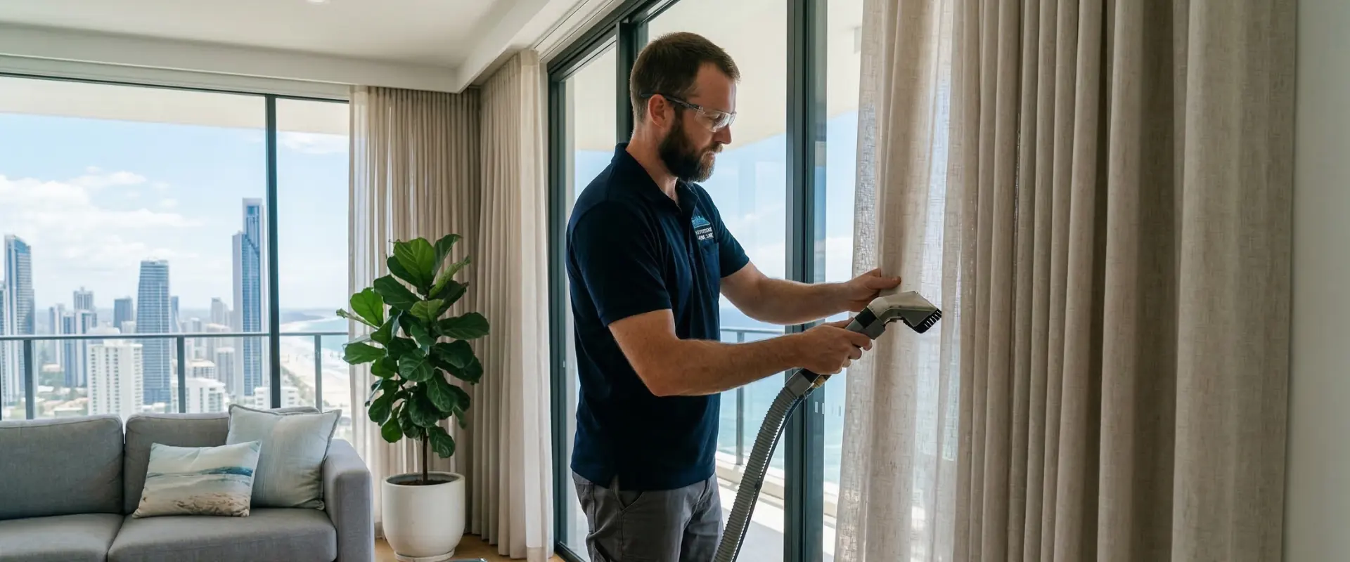 Technician cleaning curtains on the rail in a high-rise Gold Coast apartment