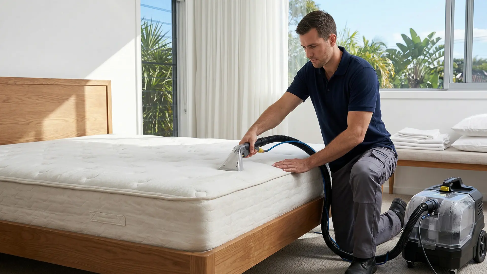 Technician cleaning a mattress with a hand-held extraction tool