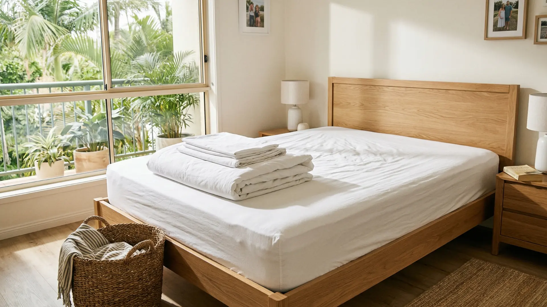 Folded fresh bed linen resting on a stripped mattress in a sunlit bedroom