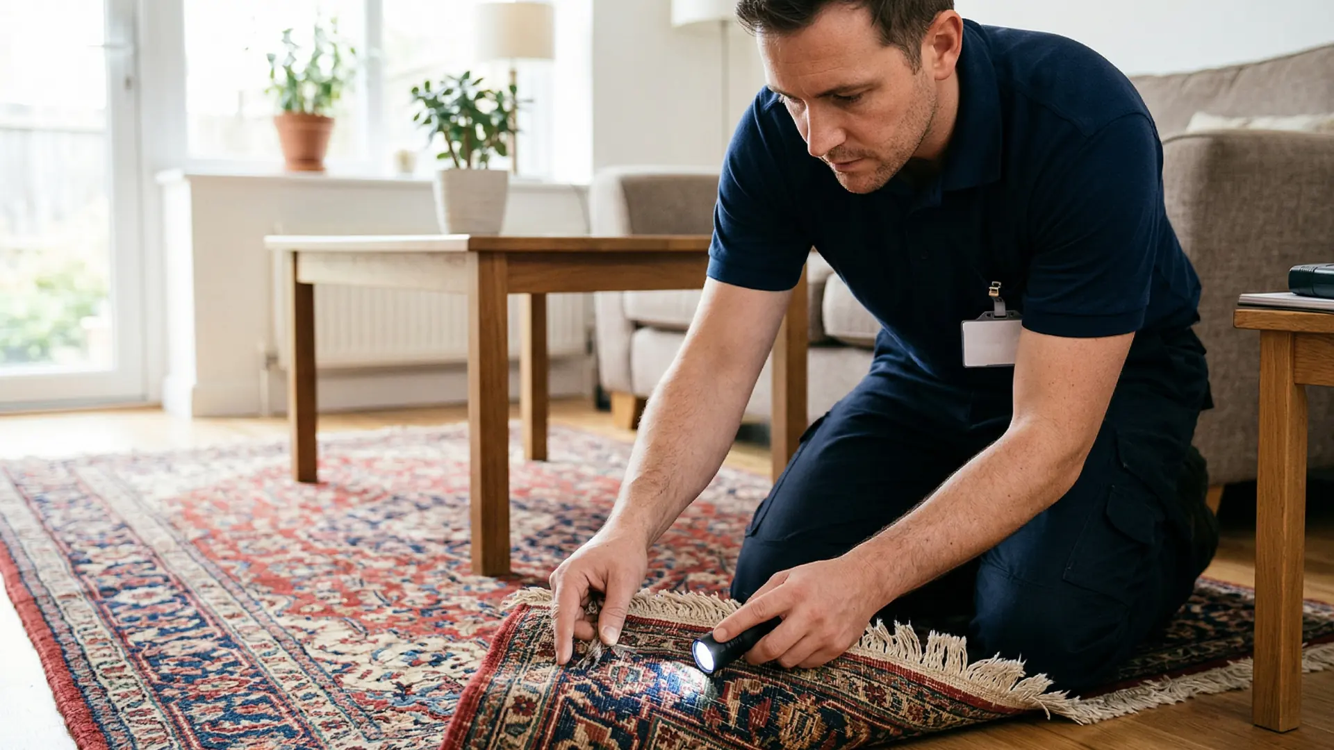 Technician examining the fringe and pile of a patterned rug with a torch