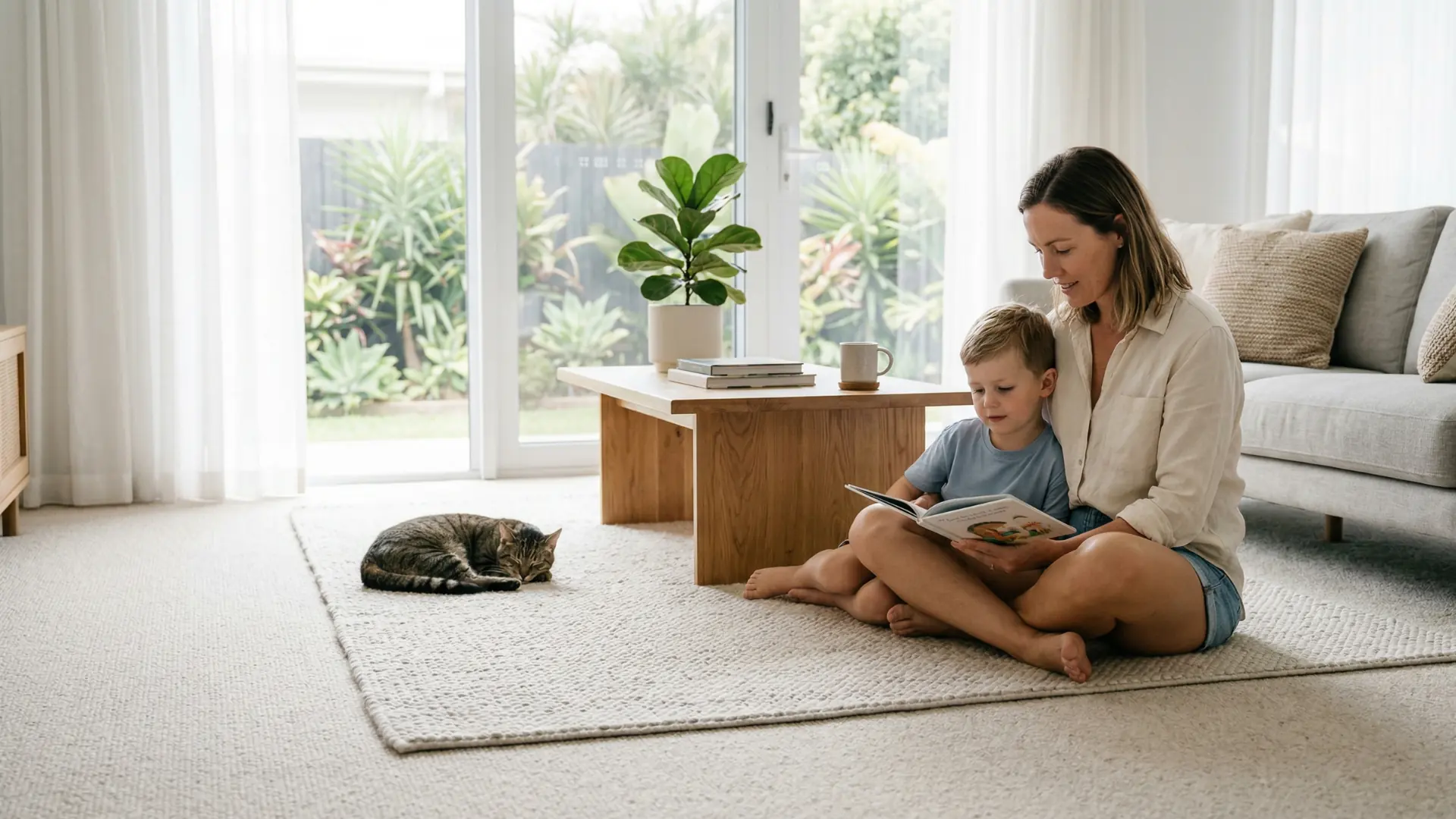 A parent and child sitting on a wool rug laid over pale fitted carpet