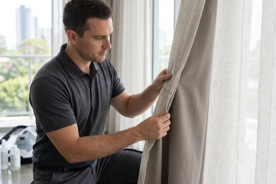 Technician inspecting a curtain hem before cleaning