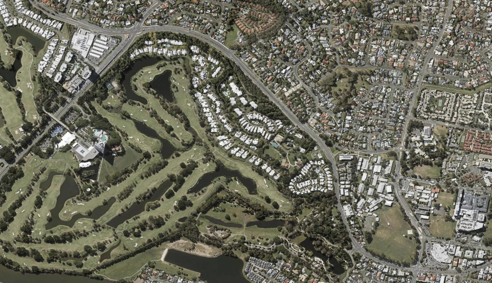 Aerial view of homes and properties in Benowa, Queensland