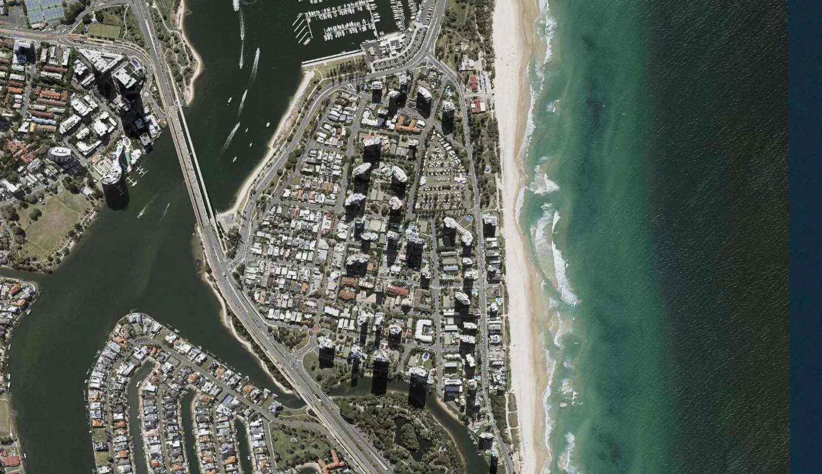 Aerial view of homes and properties in Main Beach, Queensland