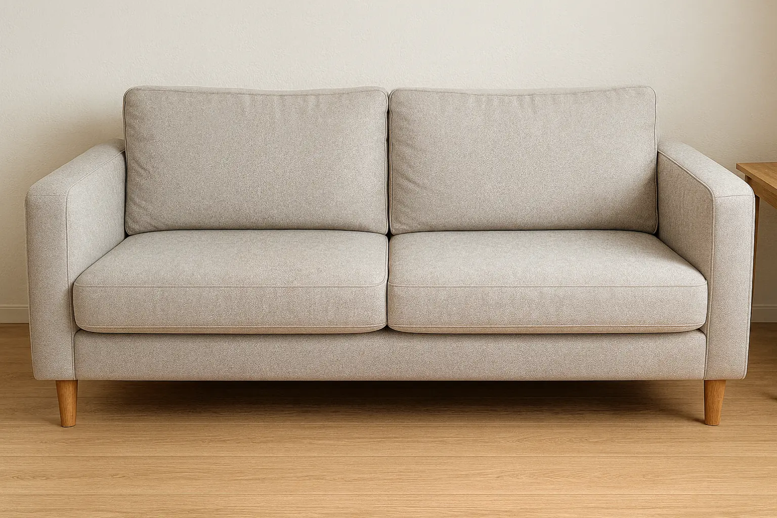 Professionally cleaned neutral couch with cushions separated for drying