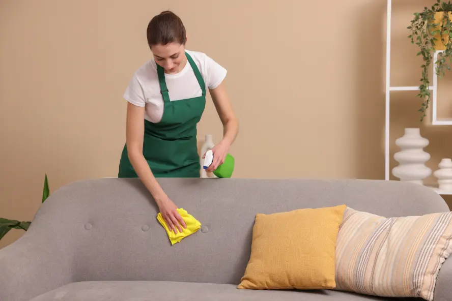 Technician carefully cleaning a fabric sofa